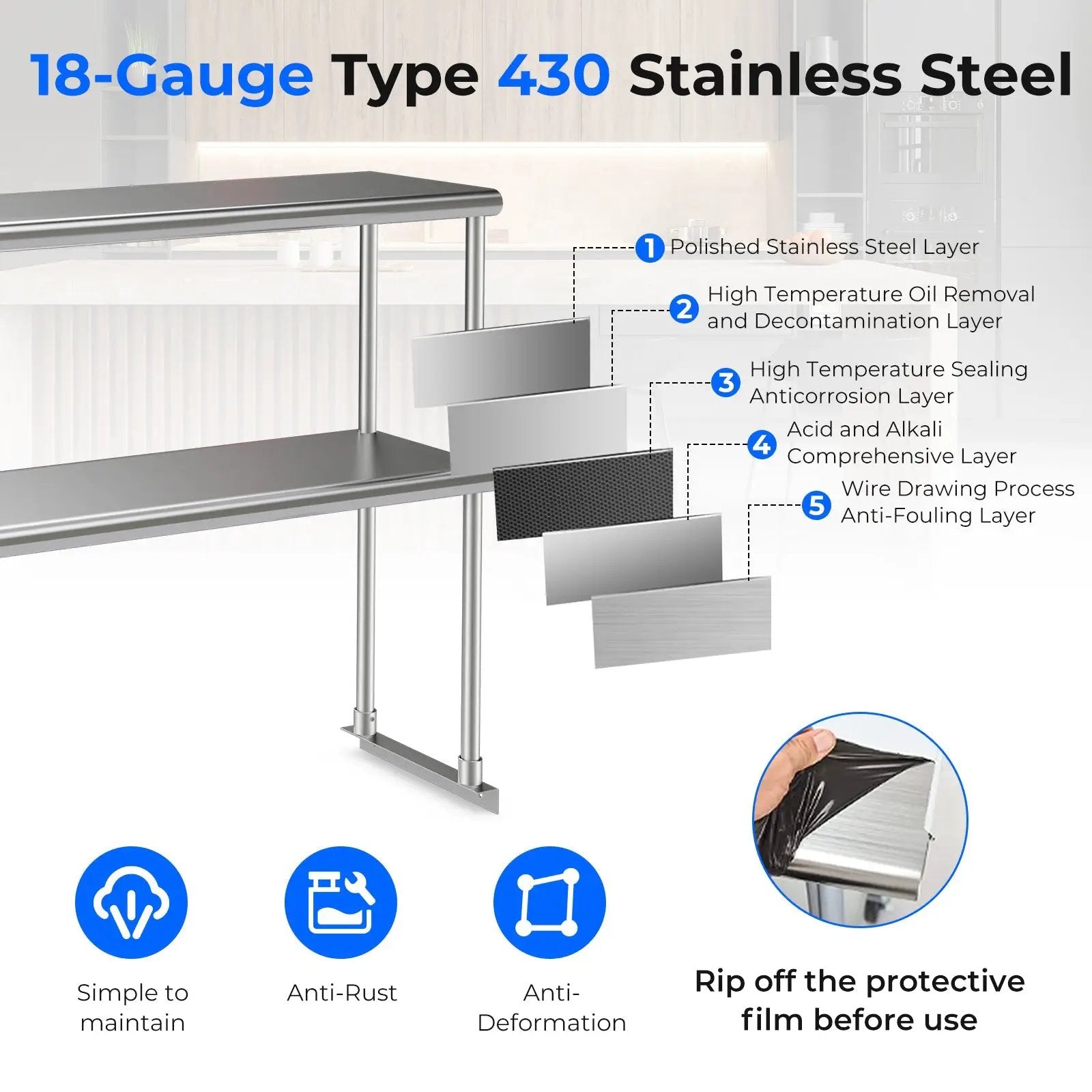 48 x 12 Inch Kitchen Stainless Steel Overshelf with Adjustable Lower Shelf by DirectDeals