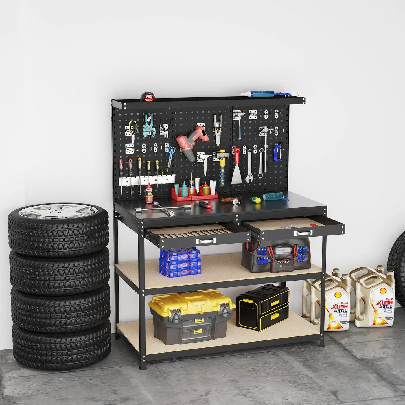48 x 24 Inch Workbench Work Table with 3 PCs Pegboard Drawer and Shelves by DirectDeals