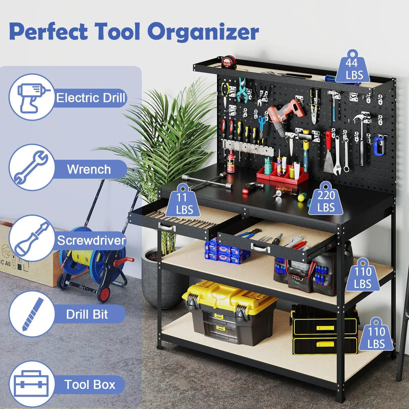 48 x 24 Inch Workbench Work Table with 3 PCs Pegboard Drawer and Shelves by DirectDeals