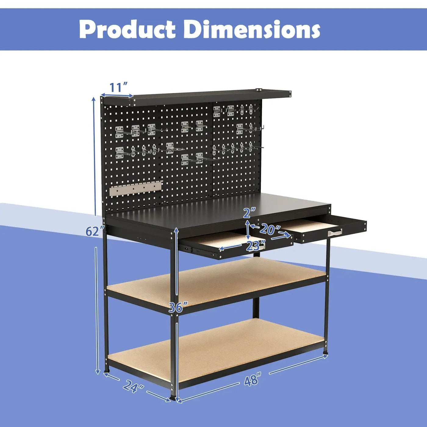 48 x 24 Inch Workbench Work Table with 3 PCs Pegboard Drawer and Shelves by DirectDeals