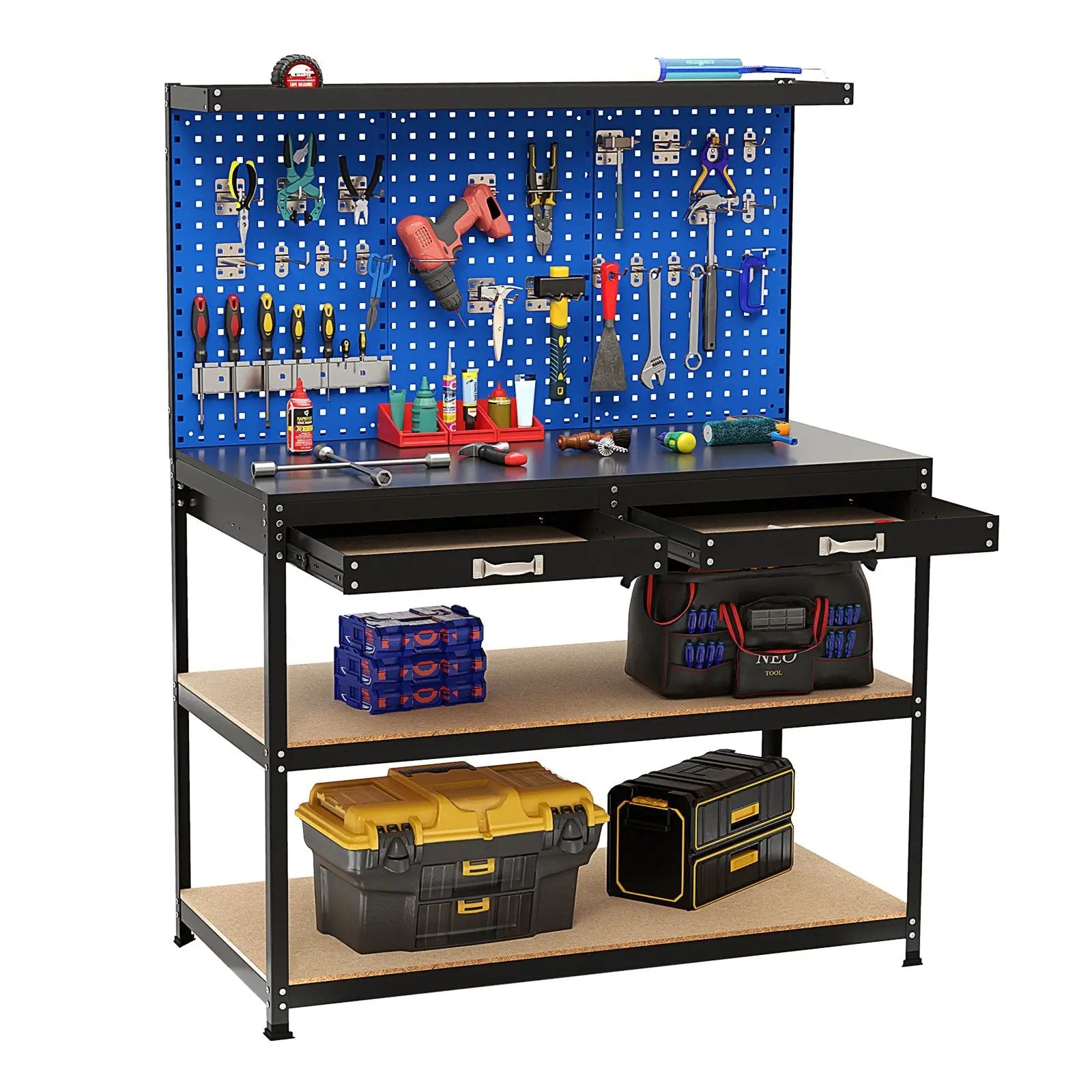 48 x 24 Inch Workbench Work Table with 3 PCs Pegboard Drawer and Shelves by DirectDeals
