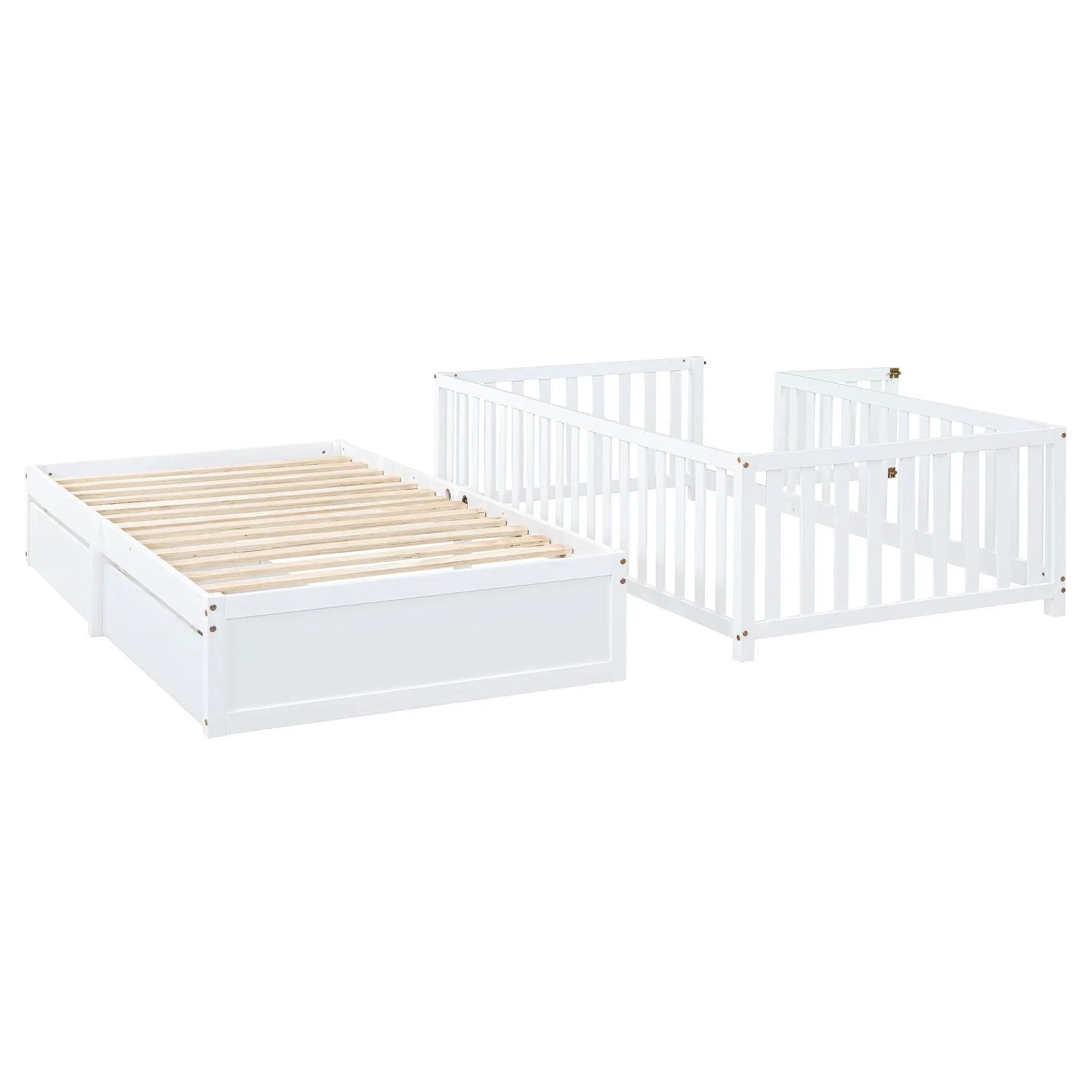 Daybed With Fence Guardrails And 2 Drawers, Split Into Independent Floor Bed & Daybed by HouseOfZazla