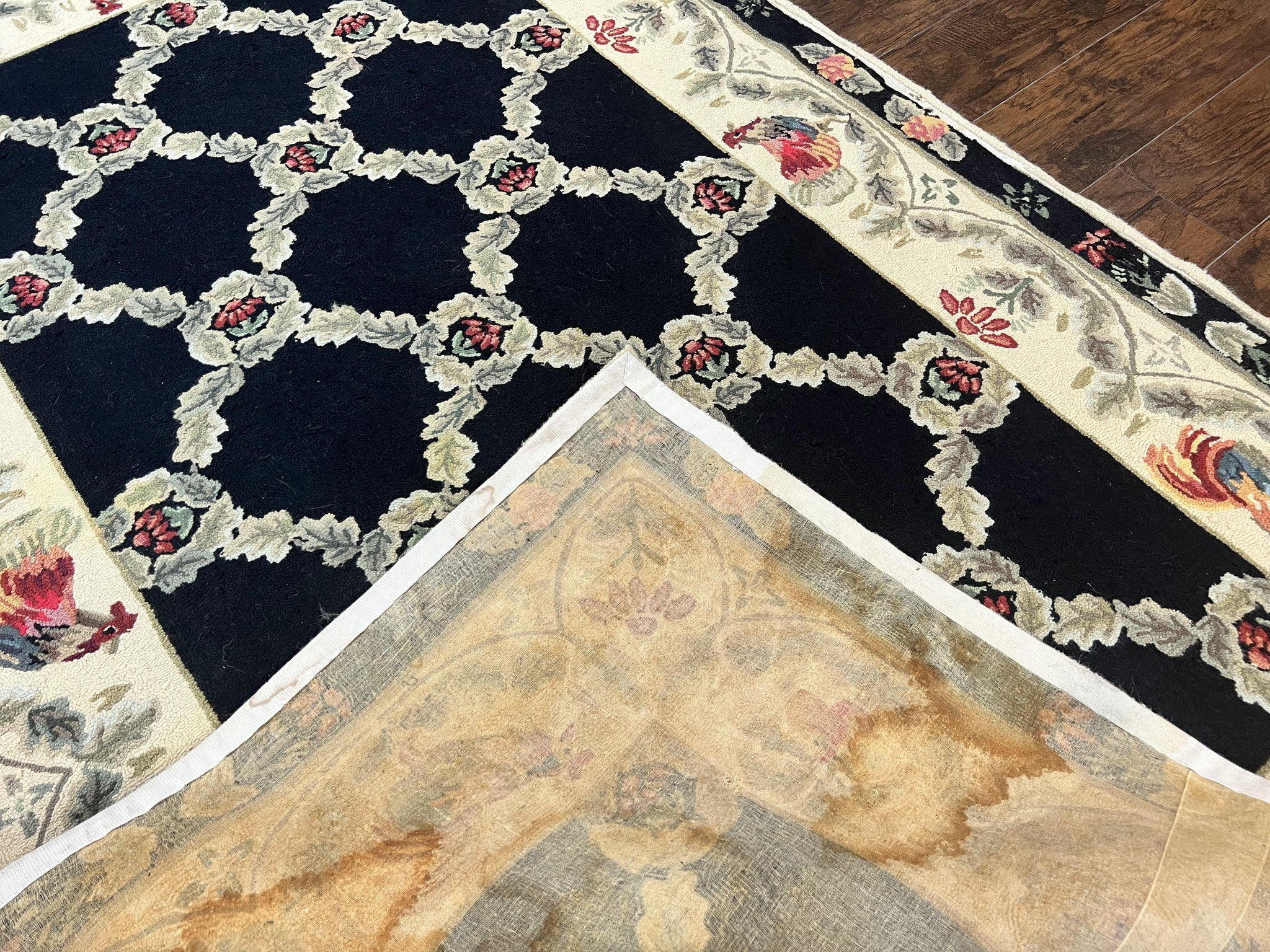 Hooked Rug 5x8, European Aubusson Pattern, Black and Ivory, Roses & Roosters, Vintage Wool Rug by Jewel Rugs