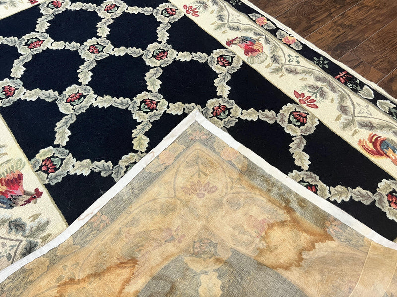 Hooked Rug 5x8, European Aubusson Pattern, Black and Ivory, Roses & Roosters, Vintage Wool Rug by Jewel Rugs