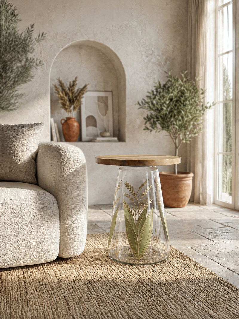 Round Glass Side Table with Hand-Painted Glass Base and Wood Top, photo 9 of 9