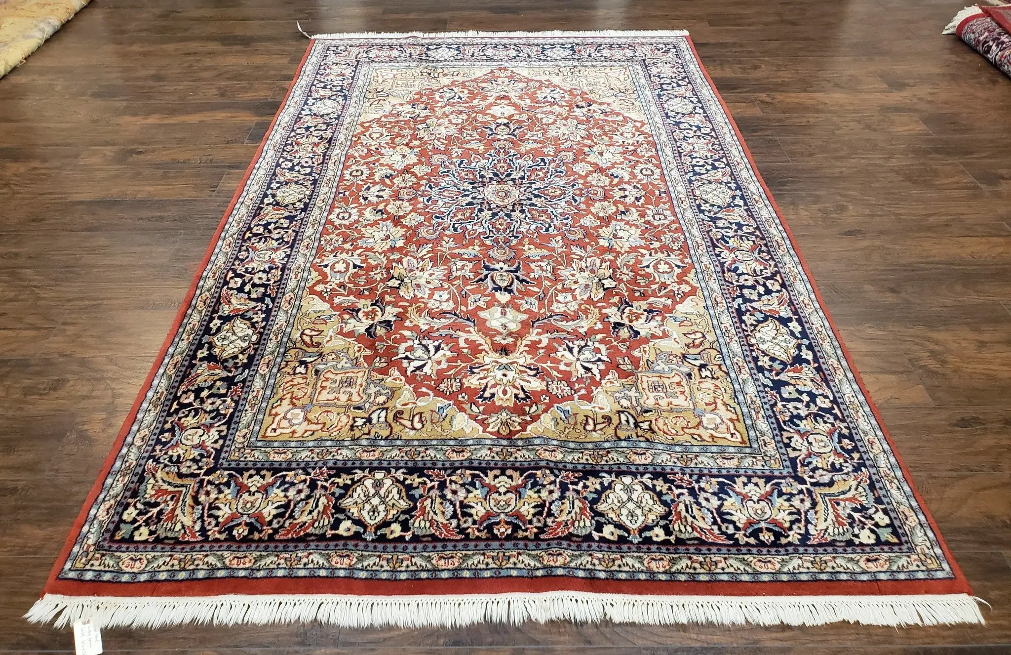 Vintage Indo Persian Oriental Rug 6 x 9.6, Wool Hand-Knotted Red Dark Blue & Gold Indian Carpet, 6 x 9 Office Room Rug, Floral Medallion by Jewel Rugs