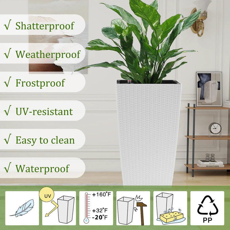 Indoor/Outdoor Modern Faux Rattan Design Square Planter, 22.6 inch White Plastic Large Planter with Automatic Watering System for Home and Garden (White, 22.6 inch - 2 Pack) by HouseOfZazla