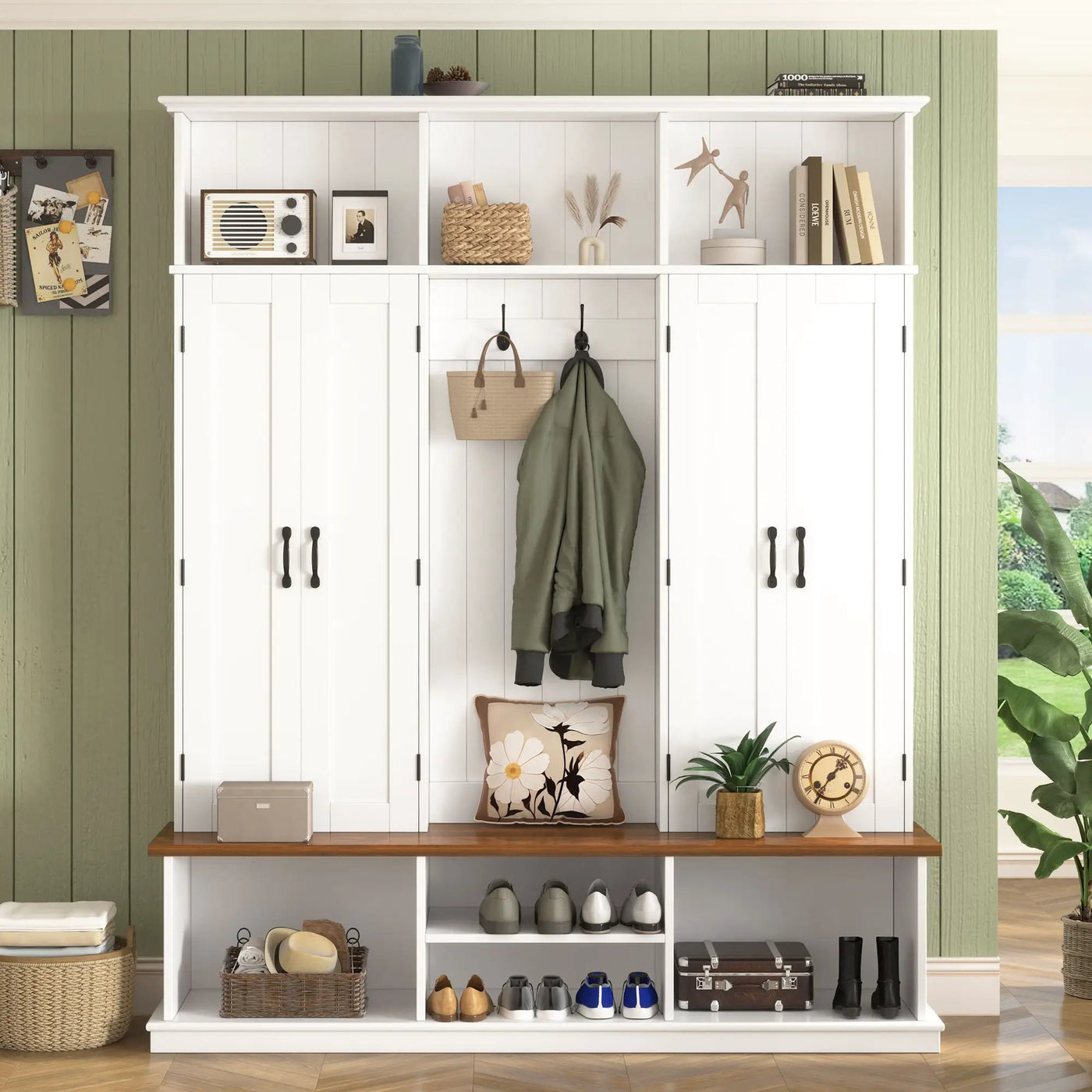 Entryway Hall Tree With Bench, 3 Top Cubbies & Bottom Storage Space by HouseOfZazla
