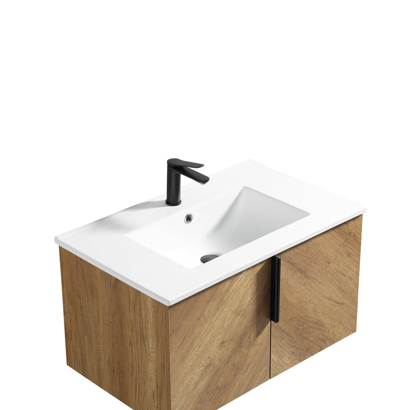 36 Inch Wall-Mounted Bathroom Vanity with 3D Fluted Panel & Ceramic Integrated Sink by HouseOfZazla