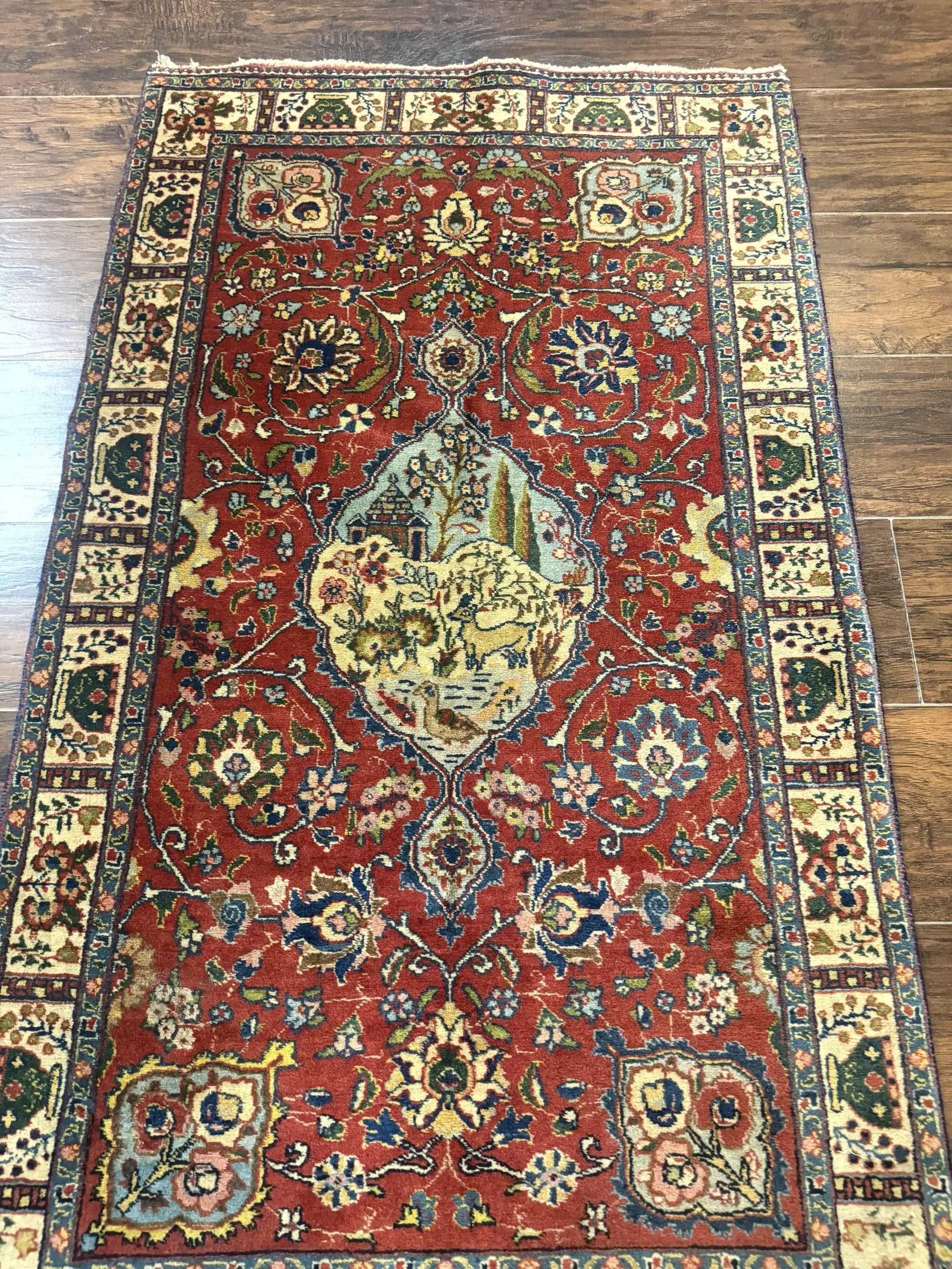Small Persian Tabriz Rug 2.8 x 4.7, Red, Animal Pictorials, Semi Antique Vintage by Jewel Rugs