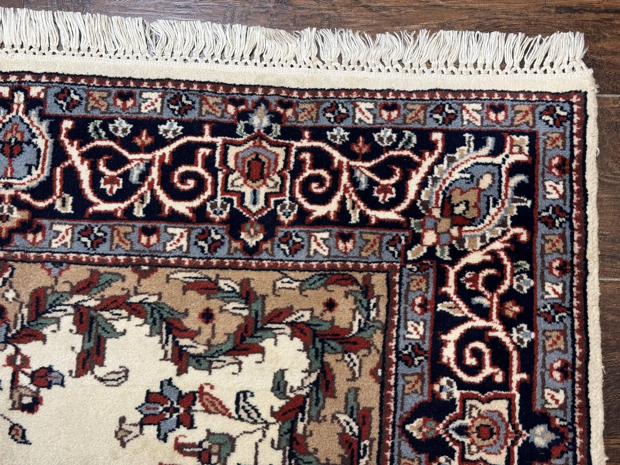 Indian Kashmiri Rug 4x6, Ivory Beige Navy Blue, Traditional Indo Persian Rug by Jewel Rugs