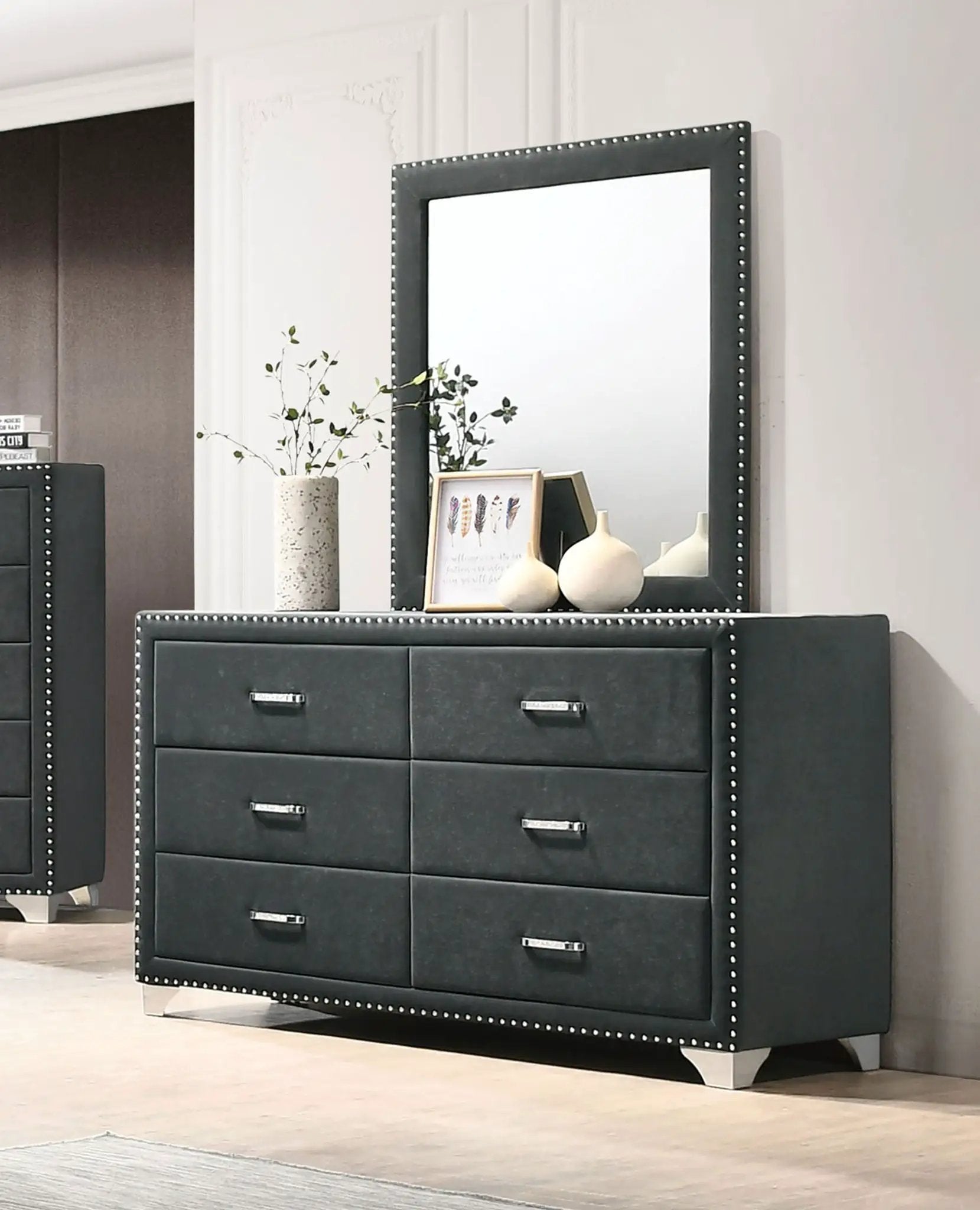 Melody 6-drawer Upholstered Dresser with Mirror Grey by Unique Piece Furniture
