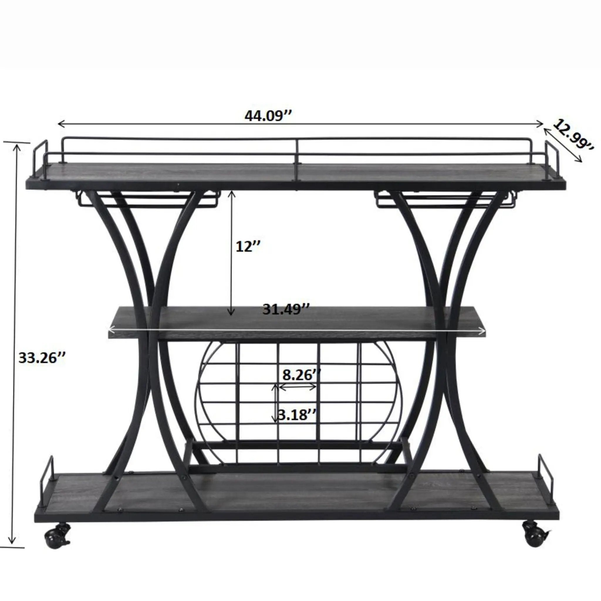 Industrial Bar Cart Kitchen Bar & Serving Cart For Home With Wheels 3 Tier Storage Shelves - Black / Gray by HouseOfZazla