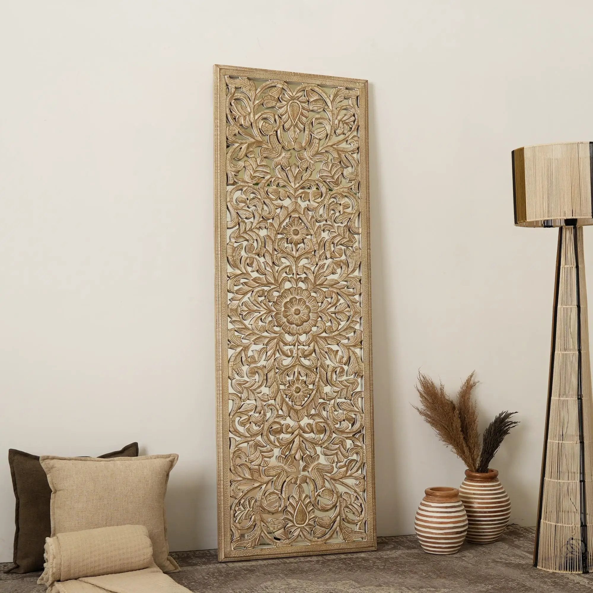 Floral Hand Carved Mandala Rectangle Wall Decor With Mirror - Antique Brown / White by HouseOfZazla