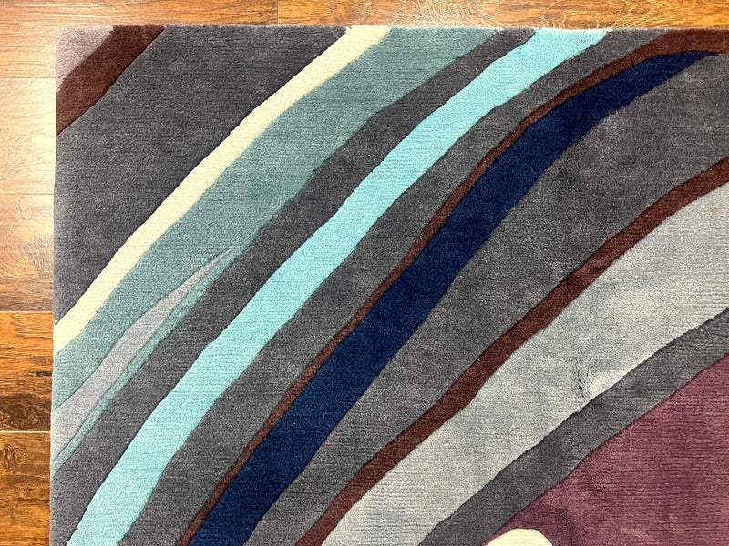 Modern Nepali Handmade Wool Rug 6x8, Blues Gray Mauve, Abstract, Nepali Tibetan Rug by Jewel Rugs