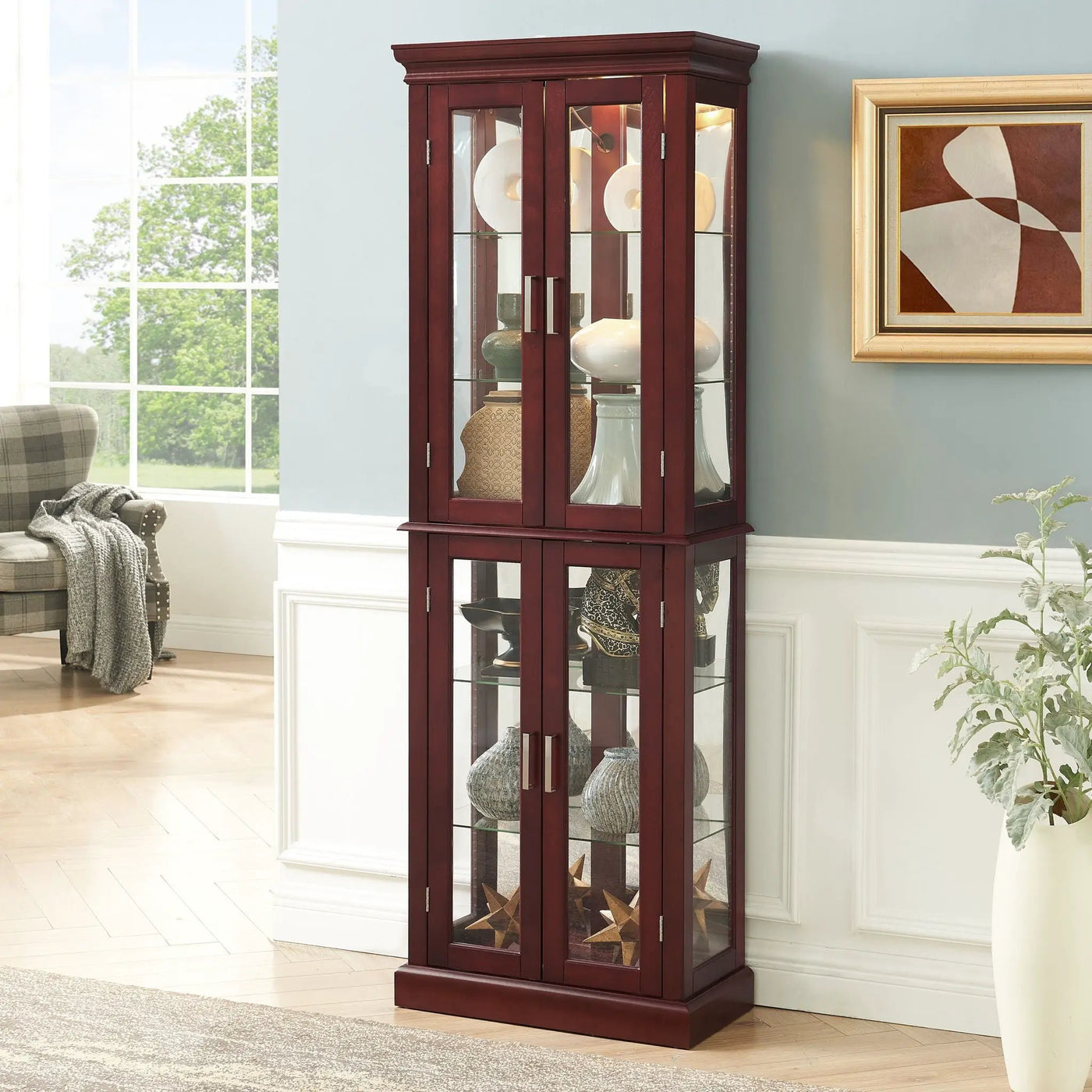 Curio Cabinet Lighted Curio Diapaly Cabinet With Adjustable Shelves And Mirrored Back Panel, Tempered Glass Doors (6 Tier), (E26 Light Bulb Not Included) by Unique Piece Furniture
