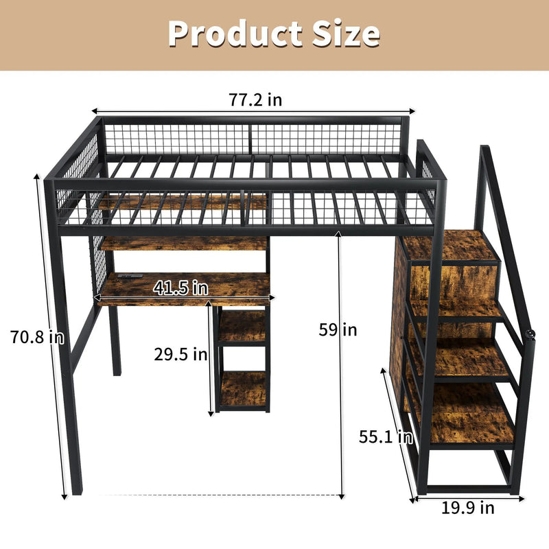 Full Size Loft Bed With Desk & Wardrobe Heavy Frame, Built In Staircase, Storage Rack & Shelves Gaming Bed - Black by HouseOfZazla
