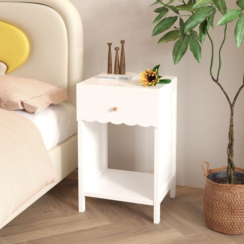 Nightstand With Drawer And Open Shelf, Scalloped Edge Bedside Table by Unique Piece Furniture