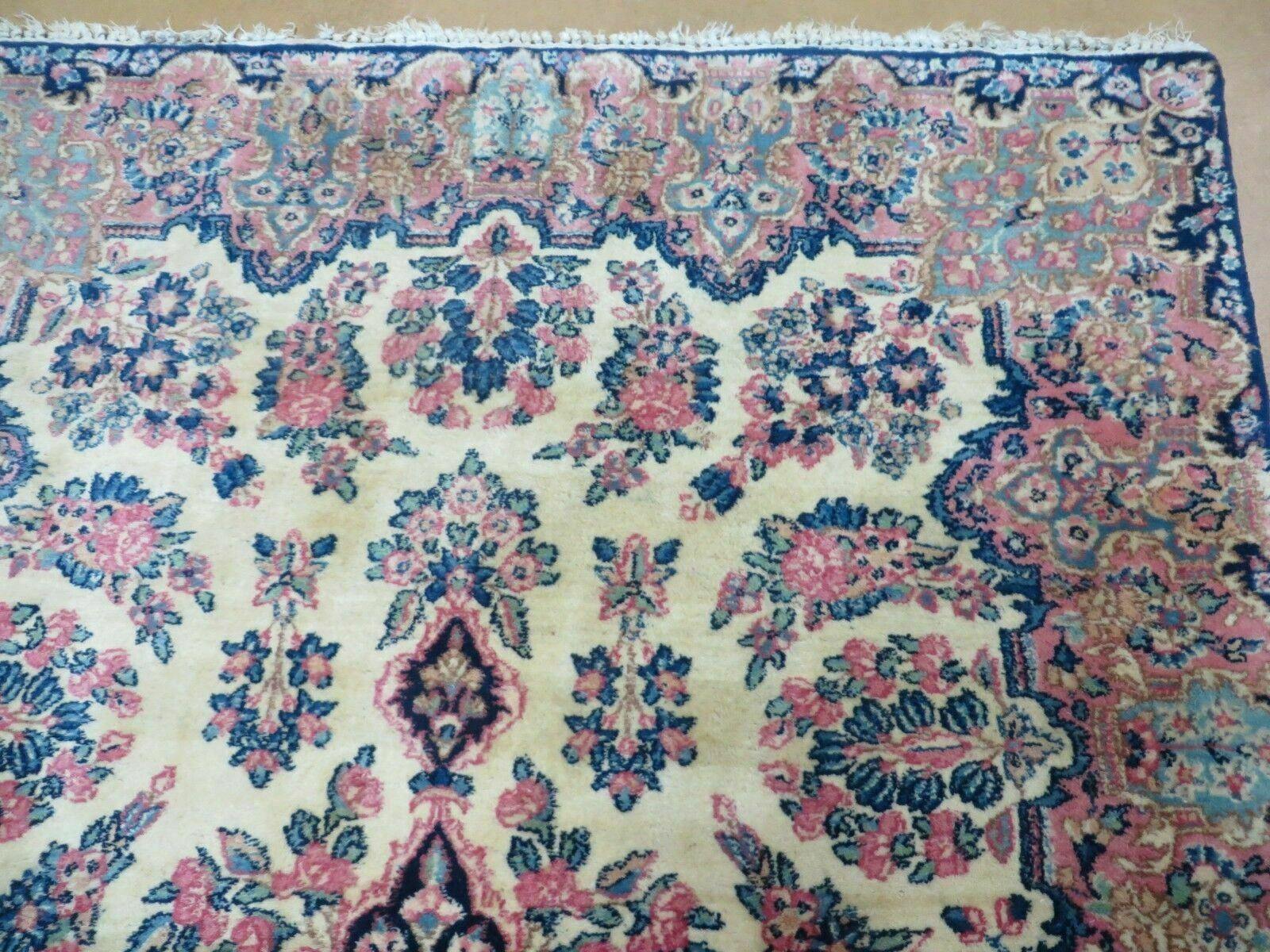 Antique Persian Kirman Rug 3.9 x 6.6, Floral Oriental Carpet, Ivory/Cream - Blue - Pink, Hand Knotted Wool Rug, Floral Medallion Rug 4x6 by Jewel Rugs