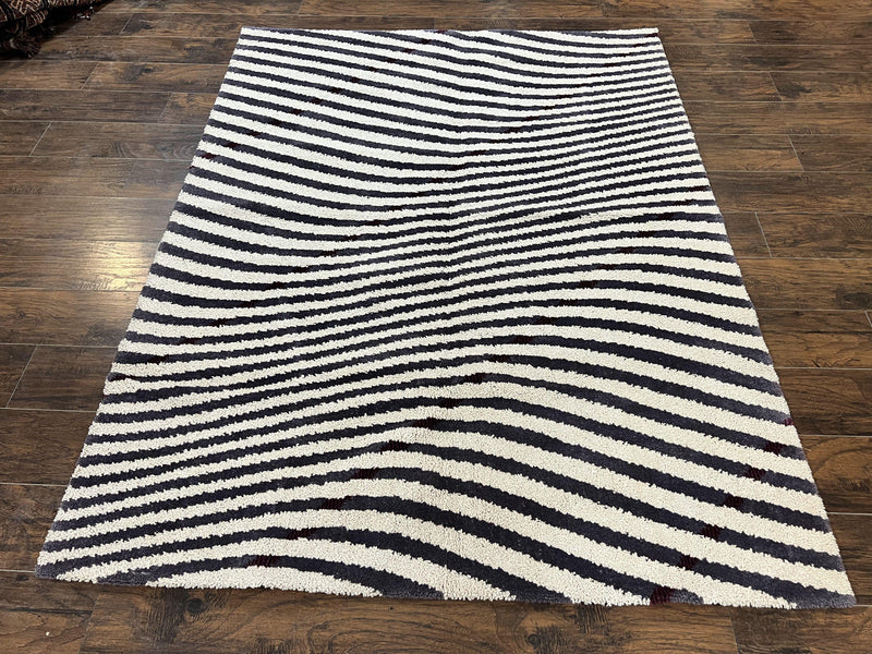 Vintage Zebra Stripes Shag Rug 5.7 x 7.4, Black and White, Retro, Wool by Jewel Rugs