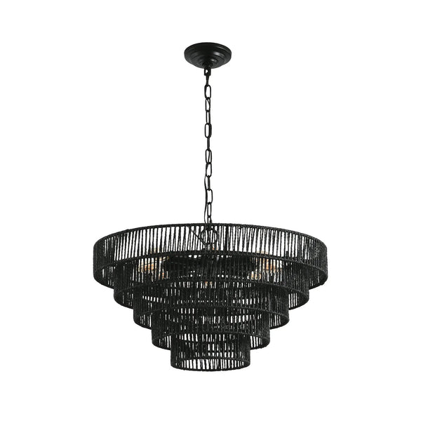 24" Rustic 5-Tier Black Hemp Rope Pendant Light Chandelier
