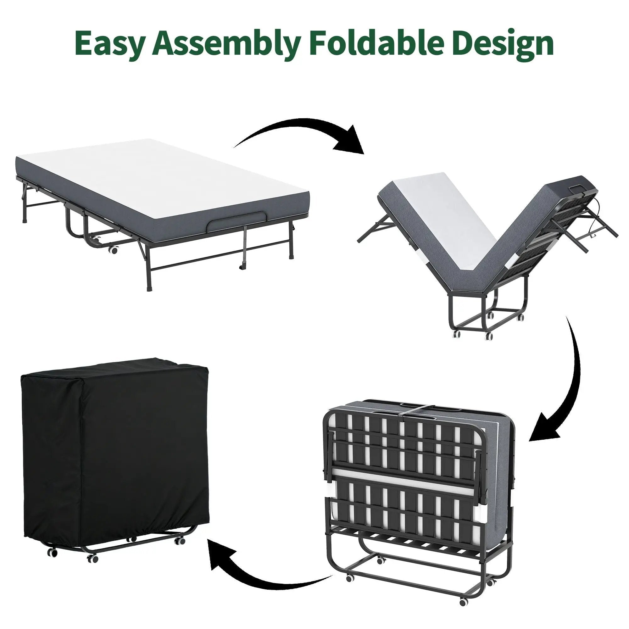 Twin Wide Folding Bed For Tall People, Extra Long & Wide Rollaway With Memory Foam, Heavy-Duty - Black by HouseOfZazla