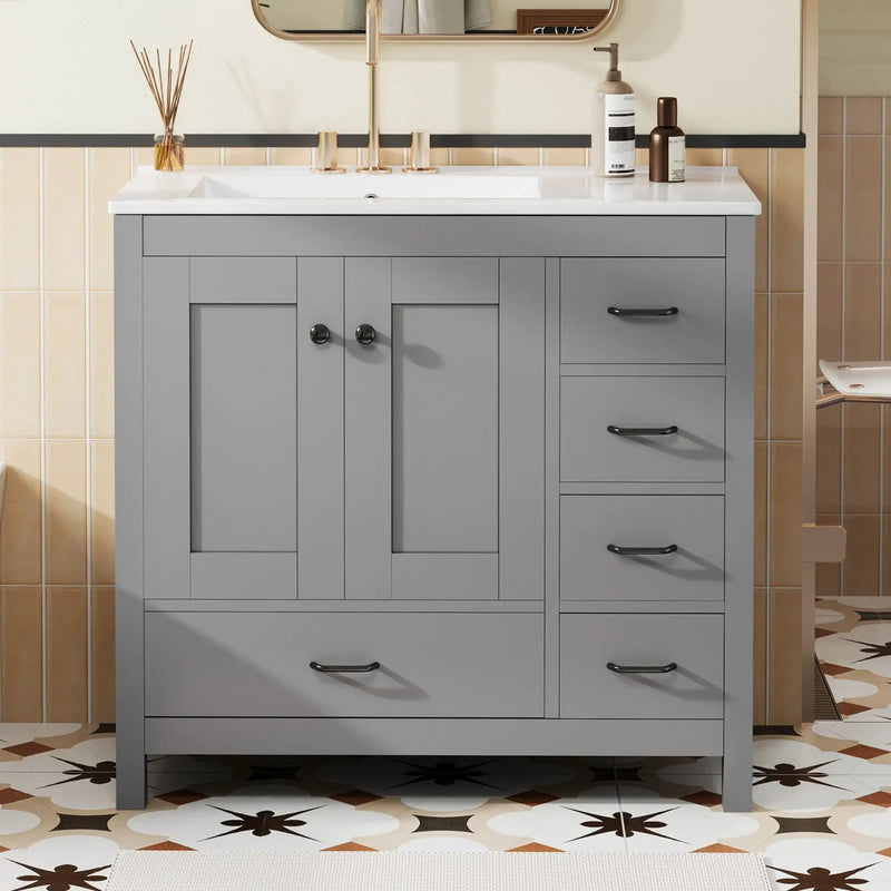 Bathroom Vanity With Ceramic Sink Combo, Abundant Storage Cabinet 2 Soft Close Doors And 5 Drawers by HouseOfZazla