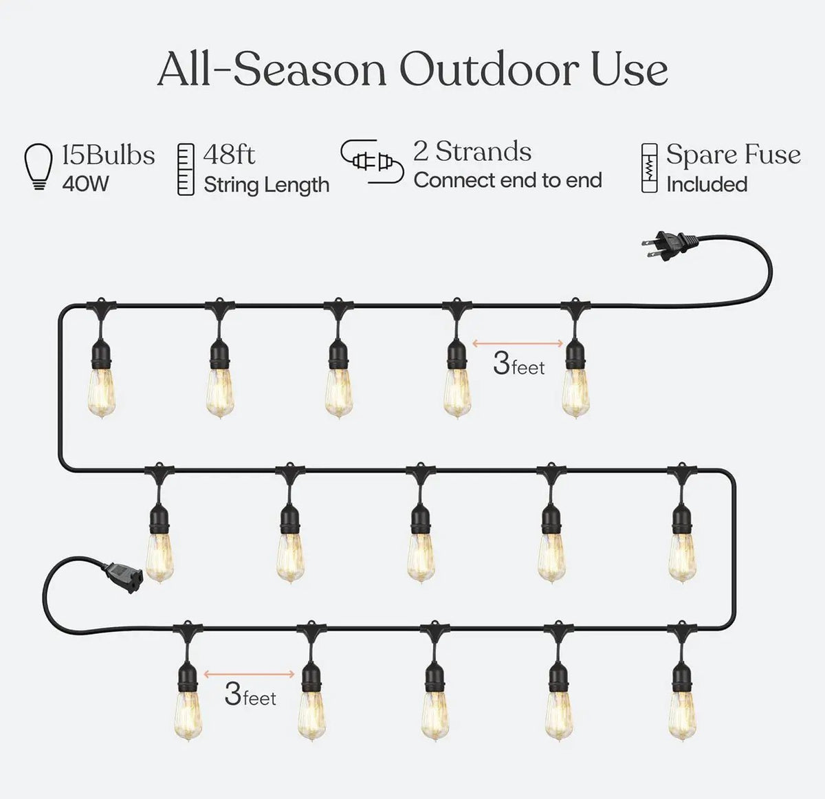 48Ft Pro Vintage Edition Plug-In Outdoor Heavy Quality 40W Commercial String Lights-15 Bulbs by Outdoor Solar Outlet
