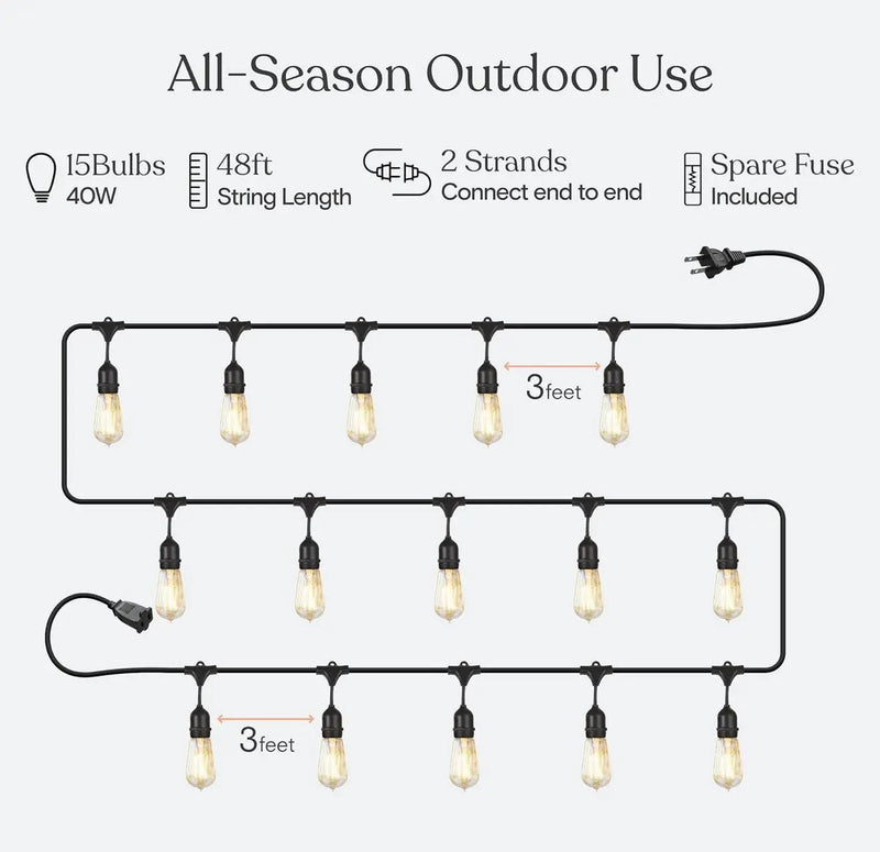 48Ft Pro Vintage Edition Plug-In Outdoor Heavy Quality 40W Commercial String Lights-15 Bulbs by Outdoor Solar Outlet