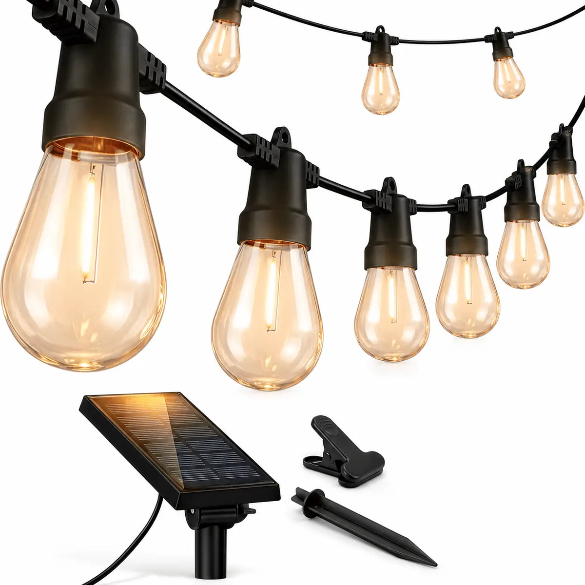 48Ft Solar Powered String Lights Waterproof LED Hanging Edison Bulb Lights with 15 Bulbs by Outdoor Solar Outlet