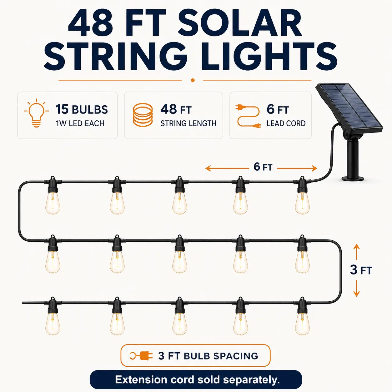 48Ft Solar Powered String Lights Waterproof LED Hanging Edison Bulb Lights with 15 Bulbs by Outdoor Solar Outlet