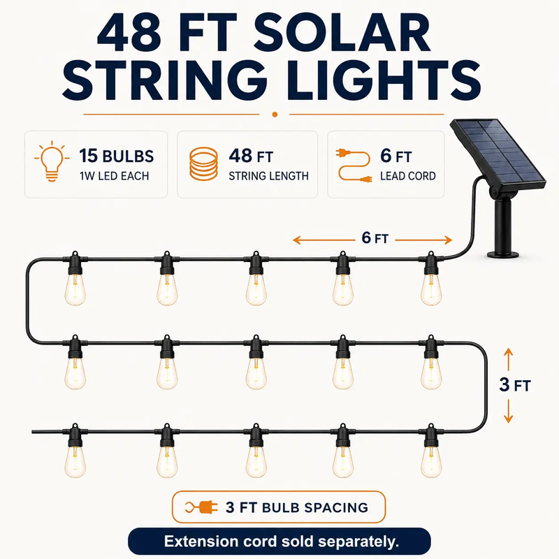 48Ft Solar Powered String Lights Waterproof LED Hanging Edison Bulb Lights with 15 Bulbs by Outdoor Solar Outlet