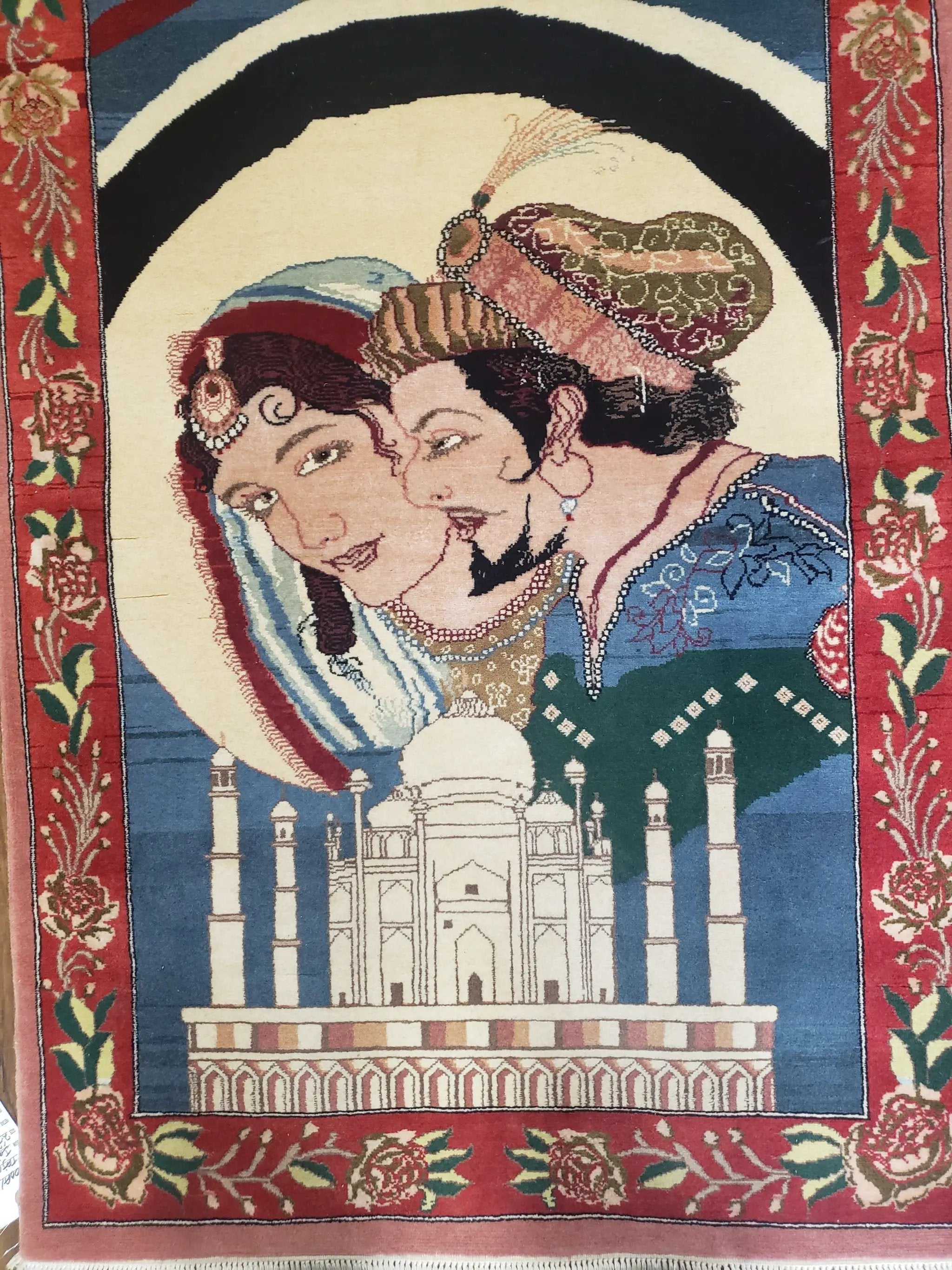 Vintage Small Pictorial Lovers Rug 2.5 x 4, Taj Mahal Indo Persian Rug, Wool Hand-Knotted Indian Rug, King & Queen, Layla and Majnun by Jewel Rugs