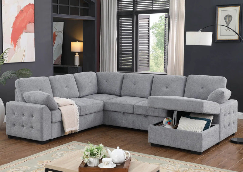Nyhan - Upholstered Corner Sectional With Pull Out Loveseat And Storaged Chaise - Light Gray by Unique Piece Furniture