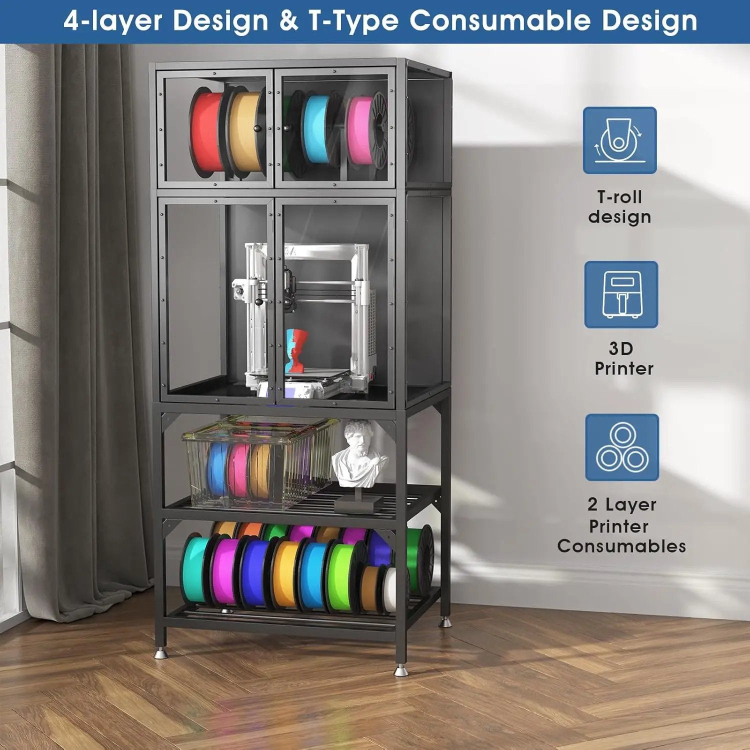 3D Printer Cabinet With Double Layer Filament Storage, Noise Reducing Design - Black by Unique Piece Furniture
