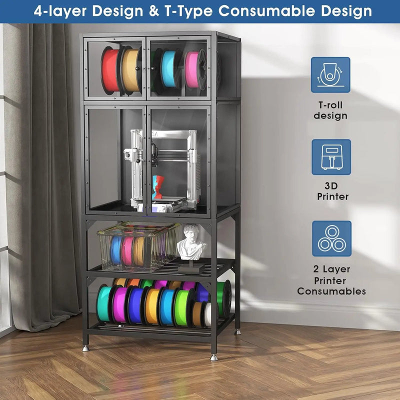 3D Printer Cabinet With Double Layer Filament Storage, Noise Reducing Design - Black