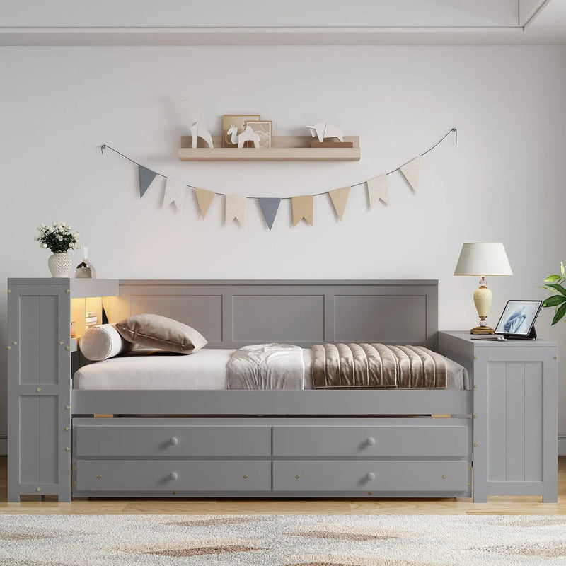 Daybed With Storage Shelves, Drawers, Trundle, Charging Station, LED Light, Desk And Cabinet by HouseOfZazla