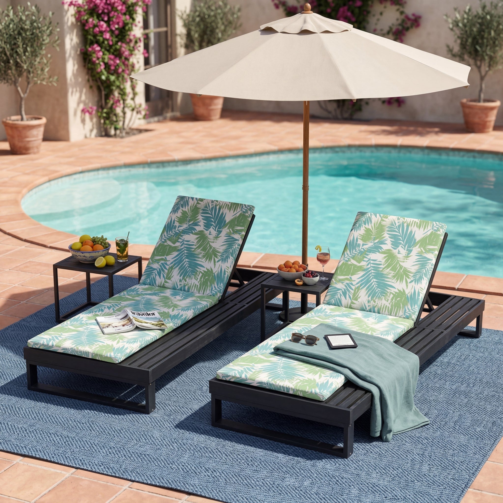 Black Acacia Wood Chaise Lounge with Leaf Coconut Cushion by HouseOfZazla