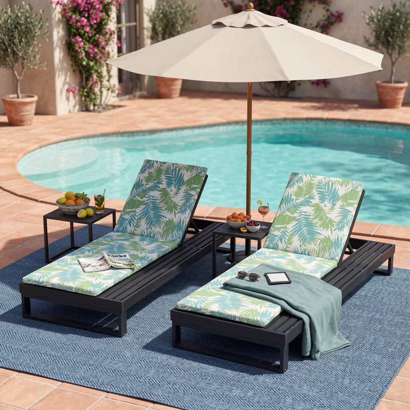 Black Acacia Wood Chaise Lounge with Leaf Coconut Cushion by HouseOfZazla