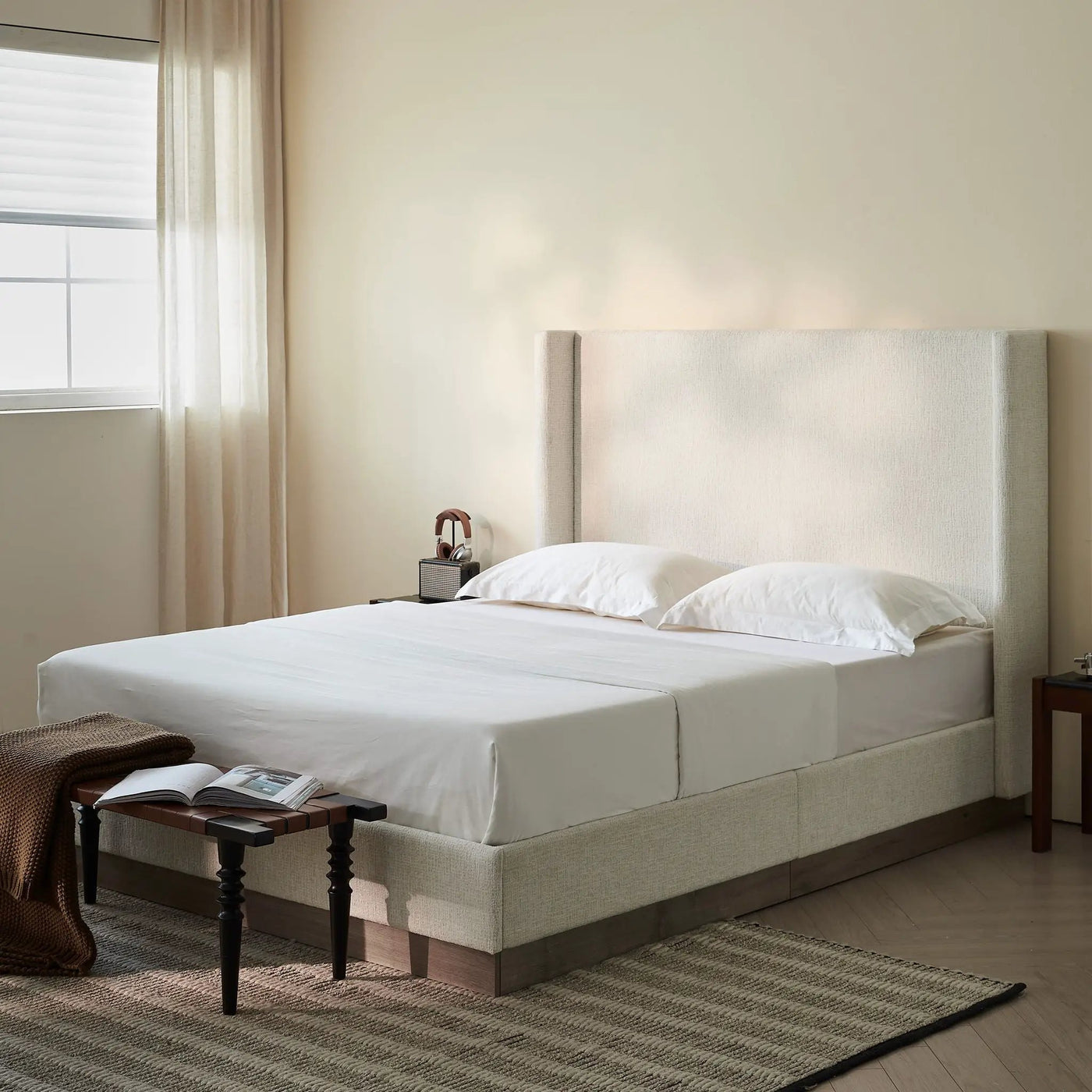 Hosford - Minimalist Upholstered Wingback Bed With Wood Base Platform by HouseOfZazla