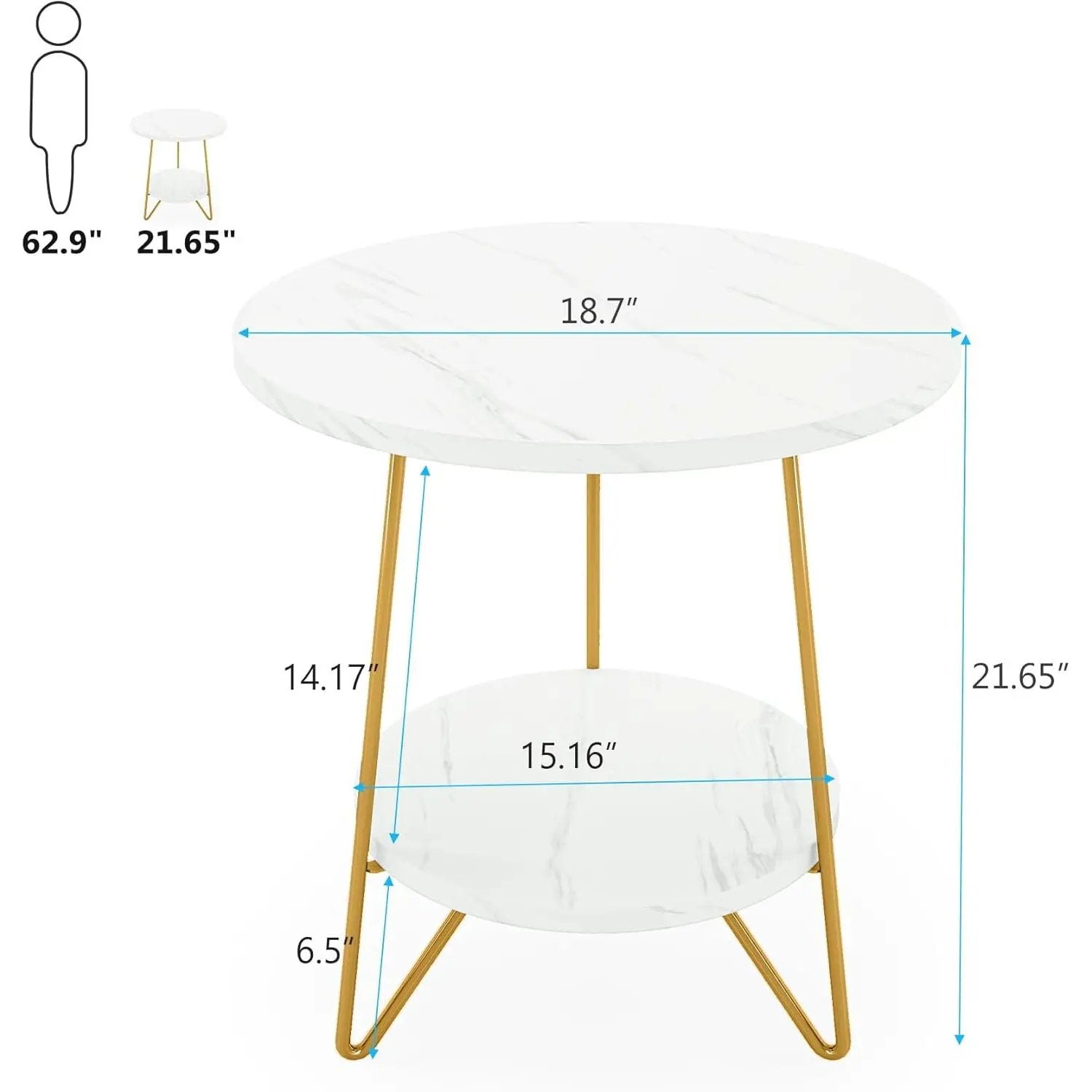 Round End Table With Hairpin Legs, 2 Tier For Living Room - White / Gold by HouseOfZazla