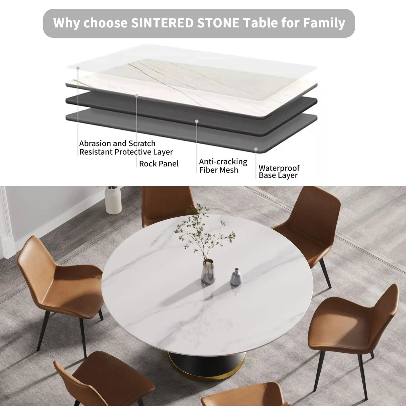 Modern Artificial Stone Round Carbon Steel Base Dining Table, Can Accommodate 6 People by HouseOfZazla