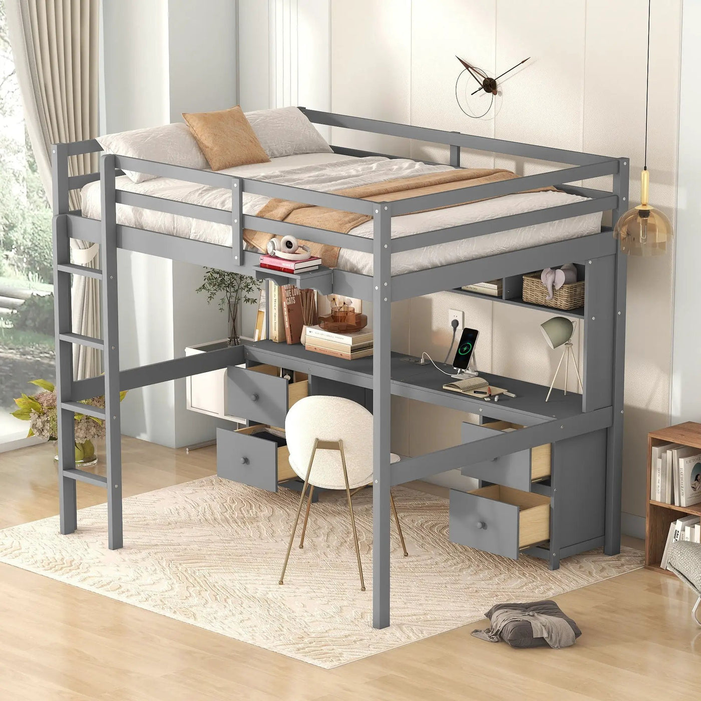 Loft Bed With Desk, Cabinets, Drawers, Charging Station And Bedside Tray by HouseOfZazla