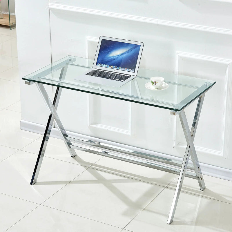 Transparent Glass Computer Desk With Rounded Edges, Tempered Glass Laptop Table - Clear by HouseOfZazla