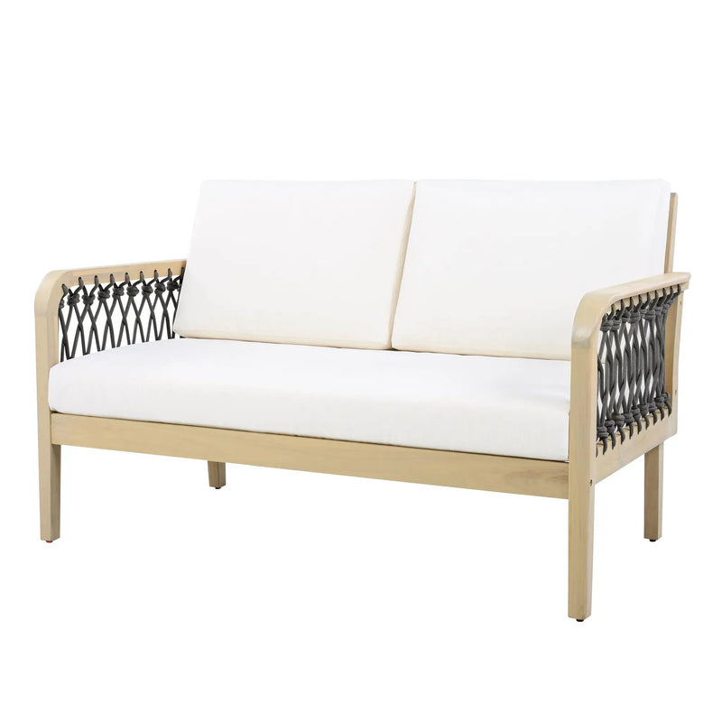 Outdoor Acacia Wood Loveseat & Coffee Table Set with Handwoven Rope, Light Teak by HouseOfZazla