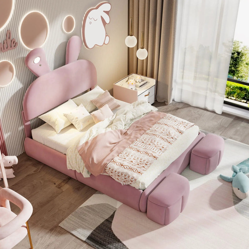 Full Upholstered Platform Bed With Cartoon Ears Headboard And LED Light - Pink by HouseOfZazla