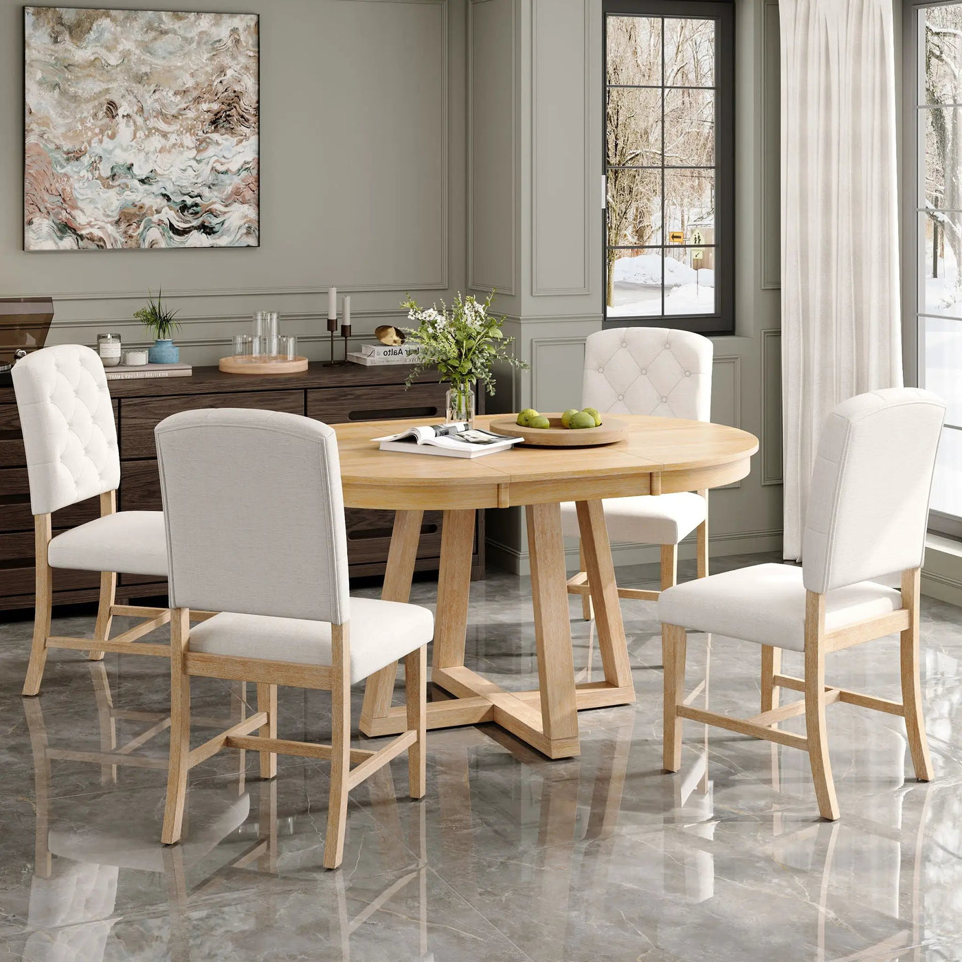 Dining Set With Leaf Round Table And 4 Upholstered Chairs by Unique Piece Furniture