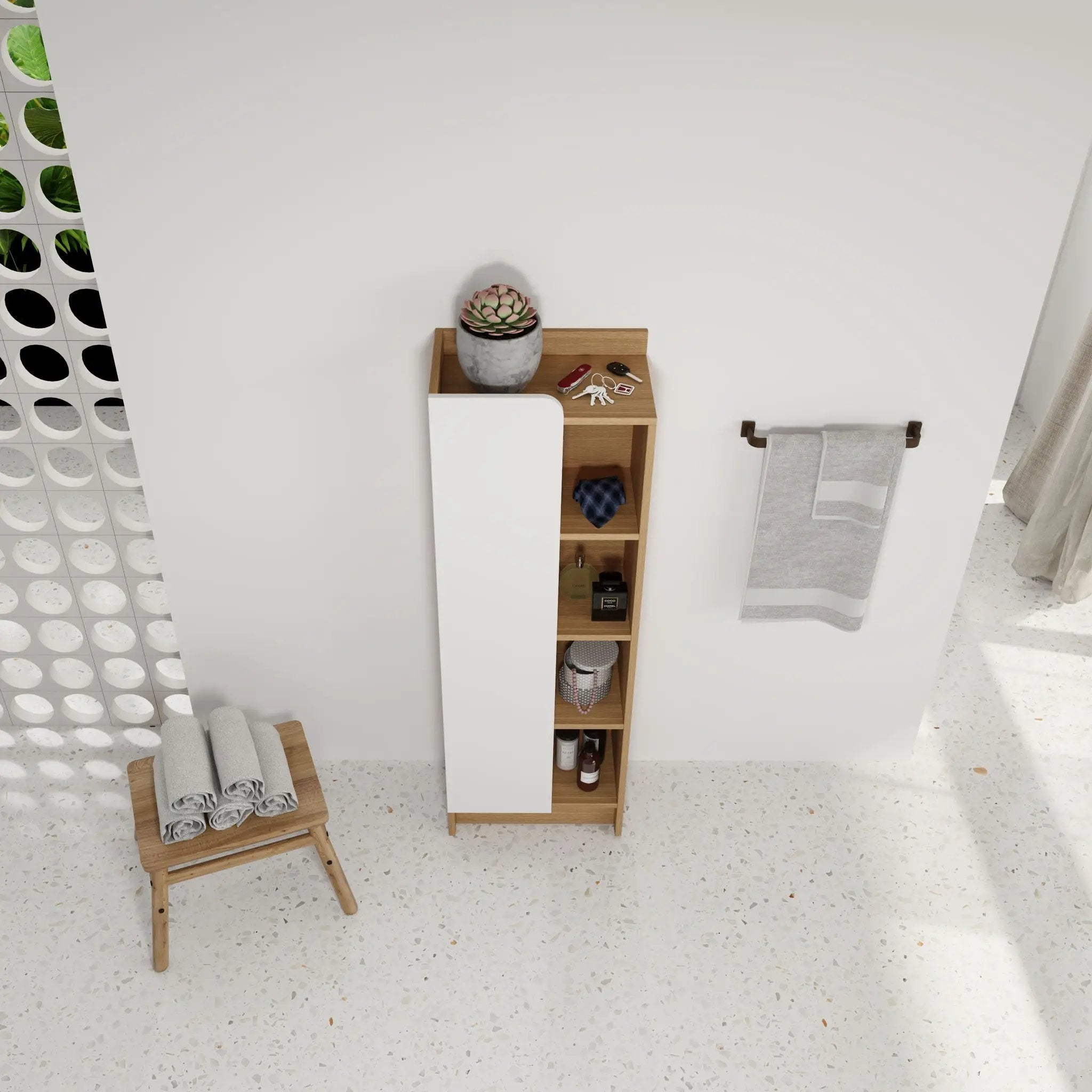 Tall Freestanding Bathroom Side Cabinet With Single Door & 4 Tier Open Shelves - Black / Light Oak / White by HouseOfZazla