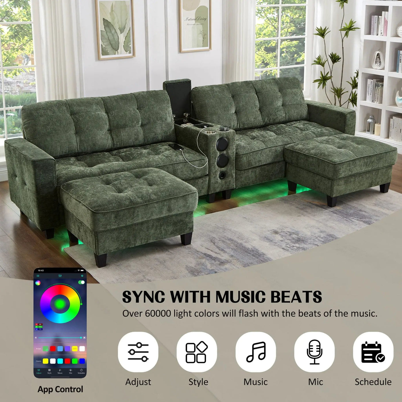 Modern Sectional Sofa U-Shaped With Movable Ottomans, tooth Speakers, LED Lights And Modular Storage by Unique Piece Furniture