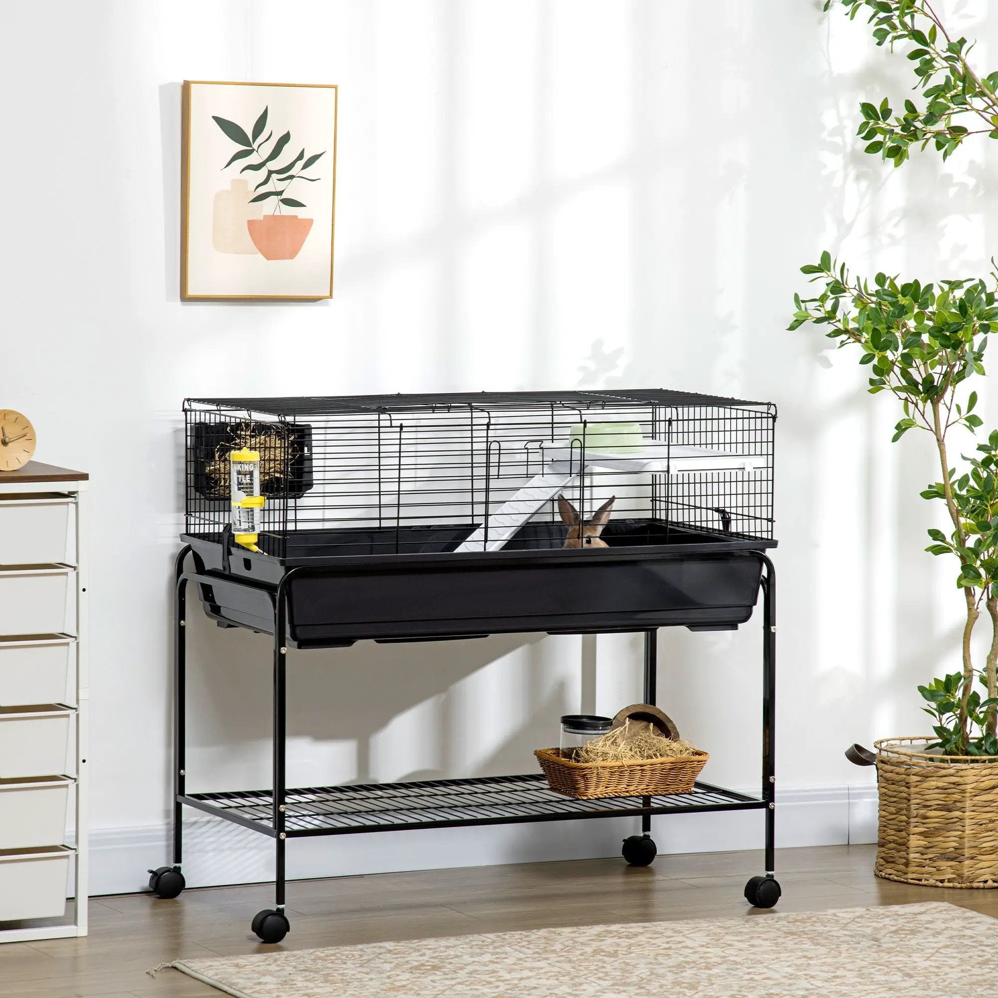 Pawhut - Two-Story Small Animal Cage Removable From Stand, Guinea Pig Cage, Hedgehog Cage, Chinchilla Cage, Ferret, With Shelf & Wheels, Pet Habitat - Black by HouseOfZazla